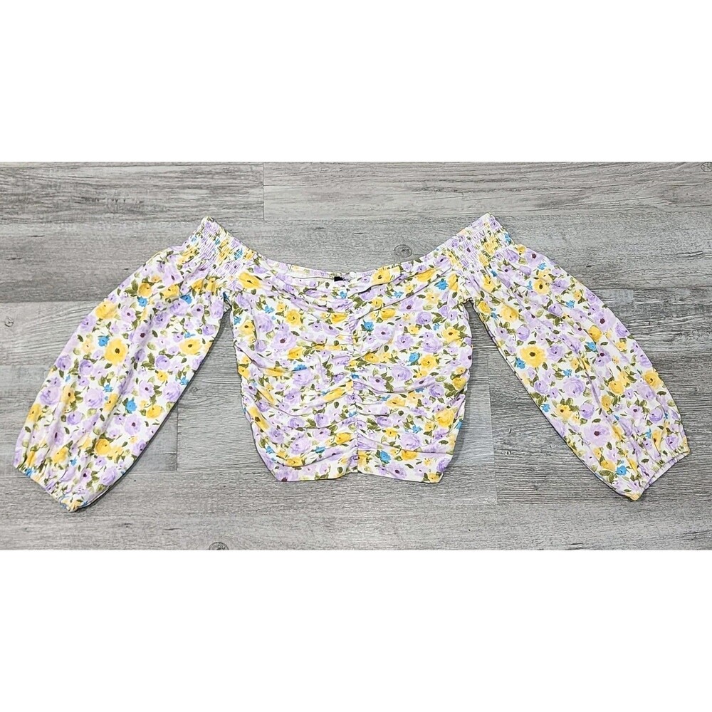 Forever 21 Women's Floral Ruched Off-Shoulder Cropped Puff Long Sleeve Top Szs S